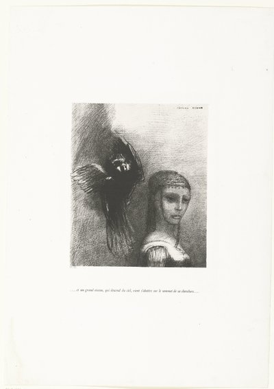 A velký pták, sestupující z nebe, sedí na koruně jejího účesu ...et un grand oiseau, qui descend du ciel, vient s