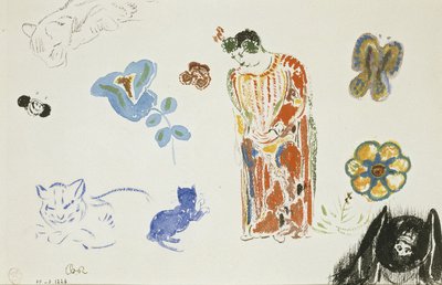 Studijní list: žena, květiny a zvířata od Odilon Redon