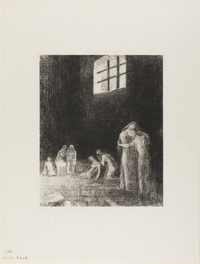 Ve stínu jsou lidé, plačící a modlící se, obklopeni ostatními, kteří je nabádají, deska 6 z 24 od Odilon Redon