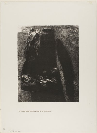 Je to ďábel, který nese pod svými dvěma křídly sedm smrtelných hříchů, deska 2 z Pokušení svatého Antonína (1. série) od Odilon Redon