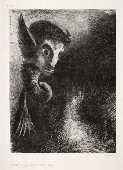 Chimera zírala na všechny věci se strachem od Odilon Redon