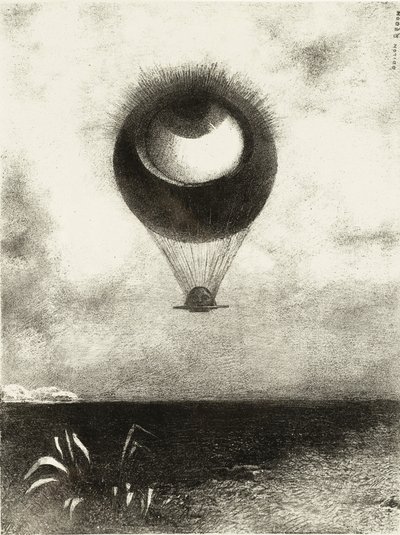Oko, jako podivný balón, stoupá k nekonečnu. Série: Pro Edgara Poea, 1882 od Odilon Redon