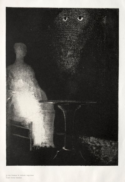 Strašidelný dům: Pokračoval jsem v pohledu na židli a zdálo se mi, že jsem na ní viděl bledě modrou..., 1896. od Odilon Redon