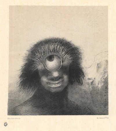 Znetvořený polyp plul na pobřeží, jakýsi usměvavý a odporný kyklop, ze série „Les Origines“ od Odilon Redon