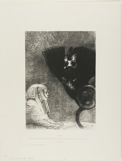 Sfinga: "...můj pohled, který nemůže nic odvrátit, procházející předměty, zůstává upřen na nepřístupný horizont." Chimera: "Pokud jde o mě, jsem lehký a radostný," deska 5 od Gustava Flauberta od Odilon Redon