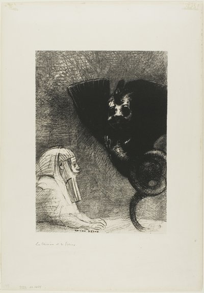 Sfinga: "...můj pohled, který nemůže nic odvrátit, procházející předměty, zůstává upřen na nepřístupný horizont." Chimera: "Pokud jde o mě, jsem lehký a radostný," deska 5 od Gustava Flauberta od Odilon Redon