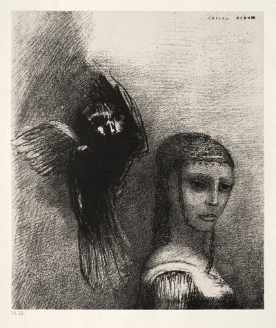 První série Pokušení svatého Antonína: A velký pták sestupující z nebe..., 1888. od Odilon Redon