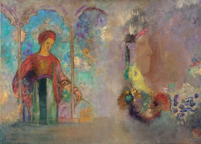 Žena v gotickém podloubí - Žena s květinami - Peinture de Odilon Redon (1840-1916) od Odilon Redon