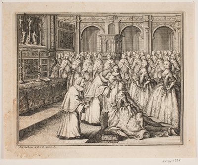 Biskup Hersleb pomazává královnu Louise v kostele paláce Frederiksborg. Ilustrace k aktu pomazání Frederika d. IV od Odvardt Helmoldt de Lode