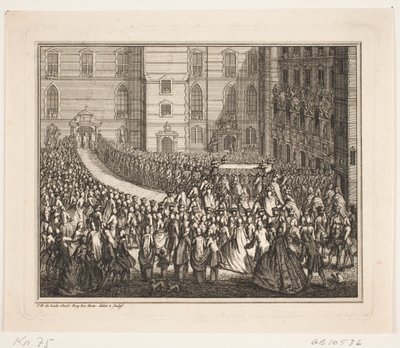 Král Frederik V. v průvodu na obřad pomazání v kostele paláce Frederiksborg. Ilustrace k aktu pomazání Frederika d. IV od Odvardt Helmoldt de Lode