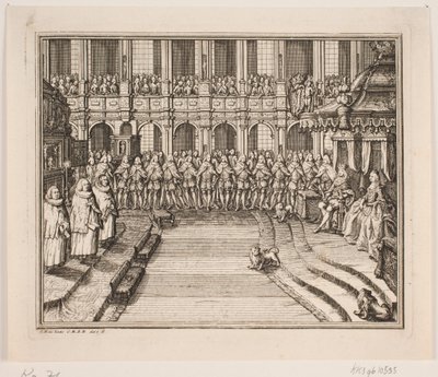 Král Frederik V. a královna Louise během obřadu pomazání v kostele Frederiksborg Palace. Ilustrace k aktu pomazání Frederika d. IV od Odvardt Helmoldt de Lode