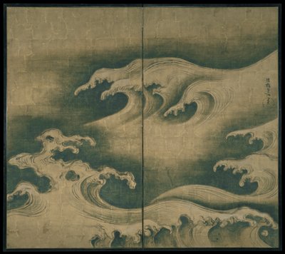 Rough Waves, dvoupanelová skládací obrazovka, c.1704-9 (inkoust, barva a plátkové zlato na papíře) od Ogata Korin