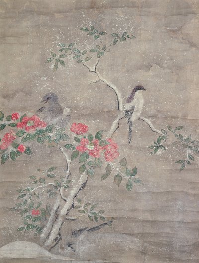 Ptáci a kamélie ve sněhu, cca 1700 (inkoust a barvy na papíře) od Ogawa Haritsu