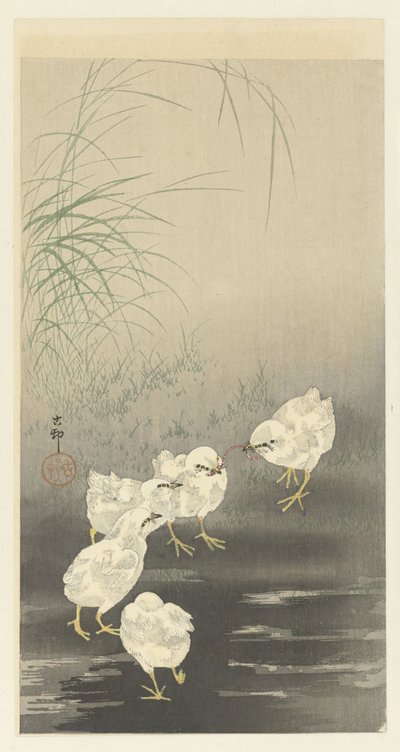 Kuřátka a červ od Ohara Koson