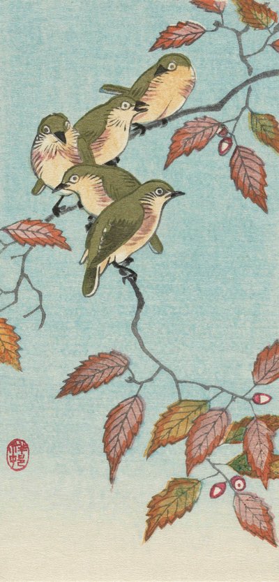 Pět malých ptáčků na větvičce od japonské umělkyně Ohary Koson od Ohara Koson