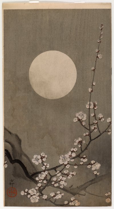 Kvetoucí švestka a měsíc (barevný dřevotisk) od Ohara Koson