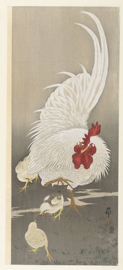 Kohout a tři kuřátka od Ohara Koson
