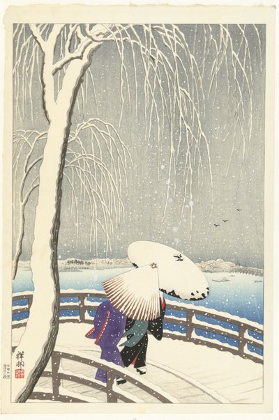 Ve sněhu na Yanagibashi od Ohara Koson