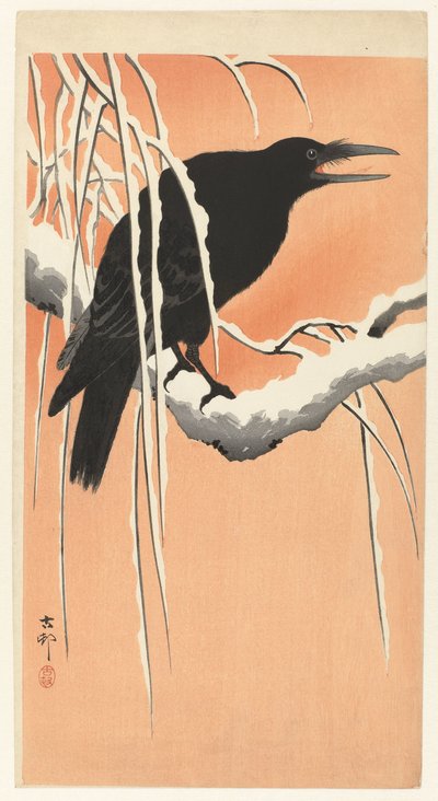 Vrána na zasněžené větvi od Ohara Koson