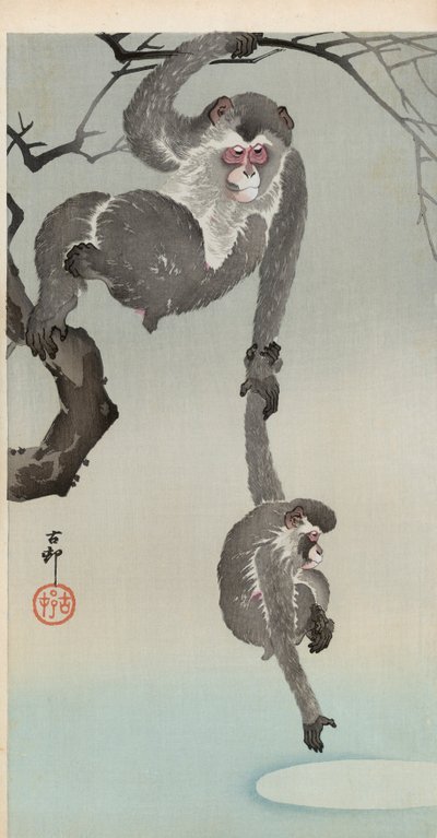 Opice a dítě dosahující odrazu měsíce od Ohara Koson