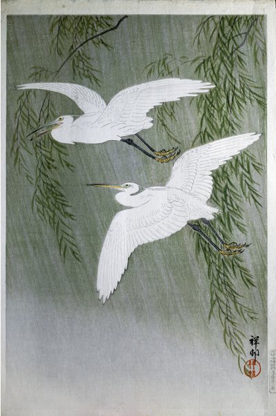 Dvě volavky létající zdarma, 1907 (barevný dřevoryt) od Ohara Koson