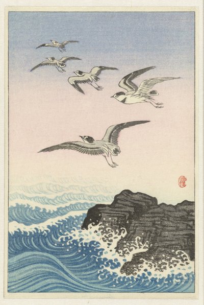 Pět racků nad skálou v moři od Ohara Koson