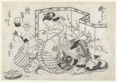 Japonec a žena kouří před skládací zástěnou od Okumura Masanobu (attributed to)