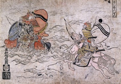 Bitva mezi dvěma nepřátelskými samuraji během bitvy o Ichi-no-Tani. Malba na papíře od Okumury Masanobu, asi 1720. od Okumura Masanobu