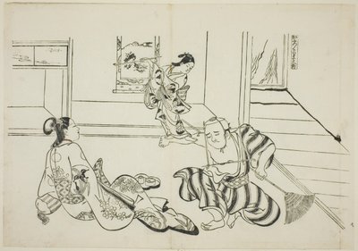 Child Attendant a Bald Tengu z hory Kurama (Kaburo Kurama Tengu), č. 7 ze série 12 grafik zobrazujících parodie her od Okumura Masanobu
