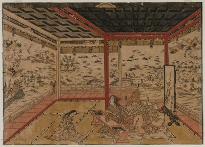 Lady Murasaki v Ishiyama s výhledem na panorama s osmi výhledy na jezero Biwa od Okumura Masanobu