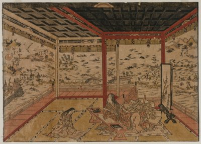 Lady Murasaki v Ishiyama s výhledem na panorama se sedmi výhledy na jezero Biwa, 40. léta 18. století. od Okumura Masanobu