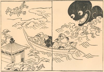Muži ve člunu ohrožení mořskou příšerou, počátek poloviny 18. století, 1924. od Okumura Masanobu