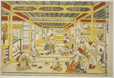 Původní perspektivní obrázek módních sedmi bohů štěstí (Furyu shichi fukujin uki-e kongen) od Okumura Masanobu