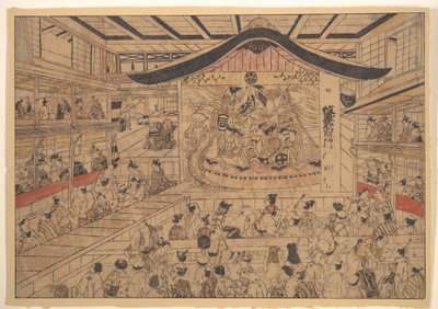 Perspektivní pohled (uki-e) na divadlo kabuki s představením Erbovní vzory bratří Soga a Nagoya Sanza (Mon-zukushi Nagoya Soga) od Okumura Masanobu