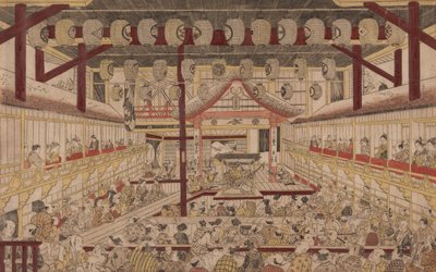 Perspektivní pohled na interiér divadla Nakamura s Ichikawa Ebizo II jako Yanone Goro, 1740 od Okumura Masanobu