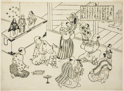 Šatna loutkového divadla, obsah ze série "Slavné scény z japonských loutkových her (Yamato irotake)" od Okumura Masanobu