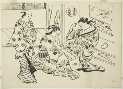 Kapitola Utsusemi z „Příběhu Genjiho“ (Genji Utsusemi), ze série parodií Genji od Okumura Masanobu