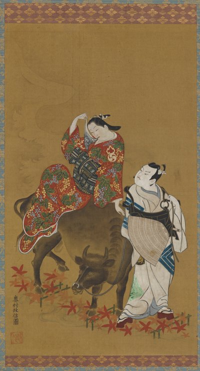 Dva herci kabuki v rolích kurtizány na vodním buvolovi a cestujícího kněze, 1686-1764. od Okumura Masanobu
