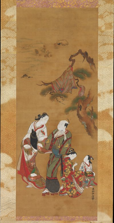 Yukihira und zwei Bräutjungfern in Suma od Okumura Masanobu