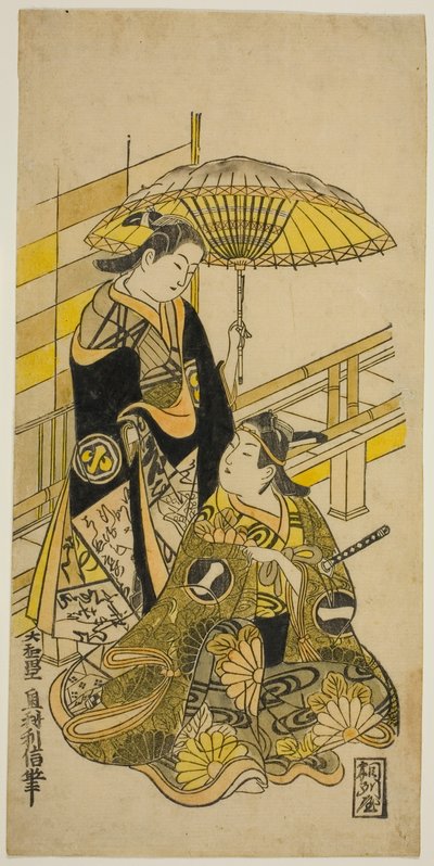 Herci Ichikawa Monnosuke I jako Kusunoki Masatsura a Arashi Wakano jako Oyuki ve hře „Honen Taiheiki“, hráli v divadle Nakamura v jedenáctém měsíci roku 1723 od Okumura Toshinobu