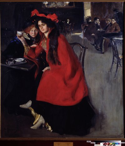 V kavárně (In a Cafe). Scéna v kavárně pravděpodobně v Paříži. Obraz Alexandra Alexandroviče Muraška (Alexander Muraško) (1875-1919), olej na plátně od Oleksandr Murashko