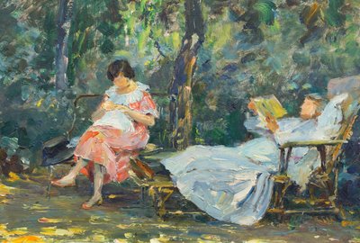 Čtení a pletení na zahradě (olej na desce) od Olga (1881-1941) Slomszynska