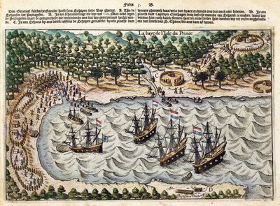 Pohled na holandskou loď v přístavu, c.1598-1602 od Olivier van Noort