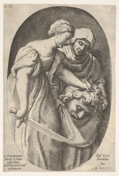 Judita s hlavou Holoferna v levé ruce a mečem v pravé ruce, doprovod..., 1606. od Oliviero Gatti