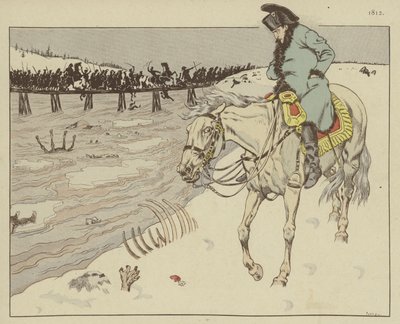 Napoleon pozoruje zbytky své Velké armády, jak brázdí řeku Berezinu při ústupu z Moskvy, 1812 od Onfray de Breville Job