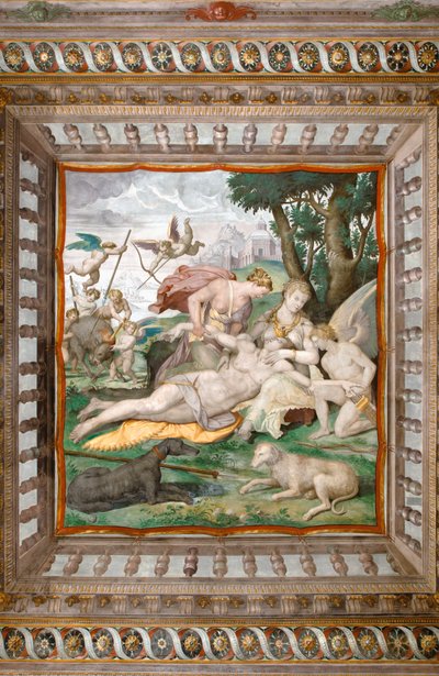 Smrt Adonise ze stropu Adonisovy komnaty, Rocca dei Rossi, San Secondo, Parma, Itálie, detail 2384731 od Orazio (attr.to) Samacchini