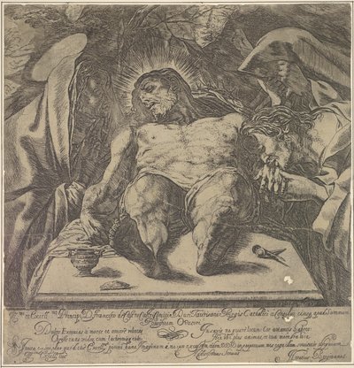 Oplakávání nad Kristovým tělem u tří Marií, nádoba s mastí na stůl do ..., 1615. od Orazio Borgianni
