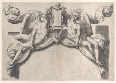 Dva andělé podpírající kartuš nebo štít, 1568-77., 1568-77. od Orazio de Sanctis
