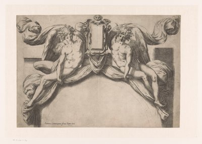 Design pro rám dveří se dvěma džiny držícími kartuší od Orazio de Santis (attributed to)