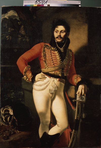 Portrét husarského plukovníka Eugrapha Davydova (1775-1823). (Portrét husarského plukovníka E. Davydova). Obraz Oreste Adamoviče Kiprenského (Kiprenski) (1782-1836), olej na plátně od Orest Adamovich Kiprensky